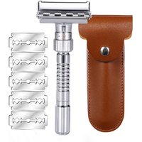 Verstellbarer Doppelkanten-Sicherheitsrasierer, klassischer Herrenrasierer, Zinklegierung, Metall, manueller Rasierer, Haarentfernung für Männer, mit 5 Klingen, 1 Etui