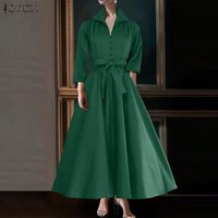 2026 ZANZEA Fashion Women Lapel Neck 3/4 Sleeve Dresses Summer Dress Elegant Office Work Sundress Solid Lace - Up Holiday Robe