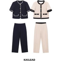 KASLEAD New Women's Fashion Set Short Sleeve Knitted Open Cardigan Top Long Pants Spring Season Regular Length Craftsmanship