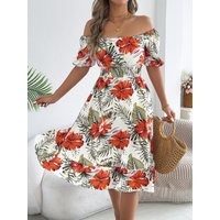 Woman Clothes Elegant Women Off Shoulder Summer Short Sleeve Beach Dress Pleated Dress Work Party Sundress Streetwear Vestidos