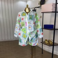 Two Pieces Women Short Set Print Matching Set Cut Out Button Turn Down Collar Shirt Elastic Empire Waist Pants Loose 2026 Summer