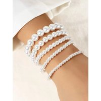 5pcs/Set Simple White Faux Pearl Bracelet Jewelry Set, Party Accessories
