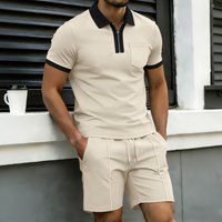 2026 Men's Waffle Textured Zip Polo & Shorts Two-Piece Set, Casual Contrast Trim Summer Outfit