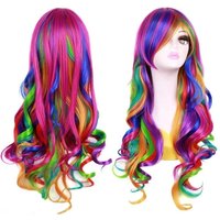 Multi Color Women Wig Halloween Party Clown Wear Anime Harajuku Style Rainbow Curly Synthetic Hair Party Costume Lolita Wigs