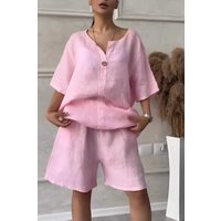 Spring Summer New Fashion Cotton And Linen Solid Two Piece Set Women Causal Loose V-Neck Top Shorts Suit Pants Set White Pink