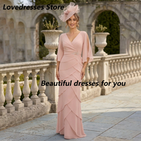 Pink Chiffon Mother of The Bride Dresses V Neck Half Sleeves Crystal Mermaid Wedding Guest Formal Evening Dress Customized