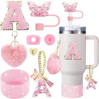 8pcs Cup Accessories for Stanley Cup 30oz 40oz Includes Butterfly Straw Cover Cap Silicone Boot Handle Charm Initials Sticker
