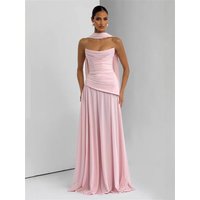 Elegant Chiffon Simple Evening Gown Strapless Cowl Neck Draped Detail Lace-up Back Convertible Scarf Maxi Dress Prom Wedding