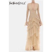 TWOTWINSTYLE Solid Slimming Spliced Lace Dress for Women V Neck Long Sleeves Patchwork Ruffles Fold Midi Dresses Female Style
