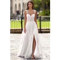 Elegant White Lace Bridal Gowns Sweetheart Neck with Floral Lace Straps Sheer Corset & High Slit Flowy SkirtCustomized