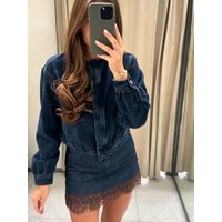 Spring New Women's Casual Style Short Denim Skirt with Lace Hemline And Inner Standard Fit Ladies mid Waist