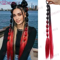 Women’s Synthetic Fiber Ombre Red Lantern Bubble Ponytail Hair Extensions, Elastic Tie Gradient Color Bubble Braid Hairpieces wi