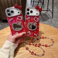 Cute Cartoon 3D Red Mirror Sanrio Hello Kitty Phone Case for IPhone 17 16 15 14 13 12 11Pro Max with Lanyard