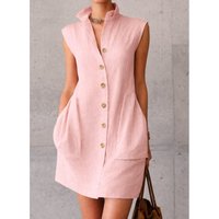 Women's New Mini Shirt Dresses Elegant Sleeveless Stand Collar Button Down With Pockets Casual Summer Loose Office Short Dress