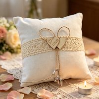 Rustic Wedding Ring Pillow with Heart Jute Rope, Ivory Linen Ring Bearer Cushion for Ceremony Decor Photo Prop