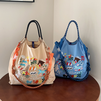 Women's Shoulder Bag with Graffiti Style Embroidery, Japanese-Style Shopping Bag, Large Capacity Tote Bag, Lightweight Foldable Commuter Bag Suitable for Shopping, Casual Outings, Beach, and Parties