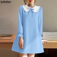 VONDA Fashion Peter Pan Collar Mini Dress Women Summer Long Sleeve Short Vestidos Casual Patchwork Loose Party Sundress Robe