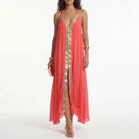 Elegant Backless Split Chiffon Dresses Fashion Color Blocked Sleeveless Halter Dress Summer High Waist Hollow Out Vacation Dress
