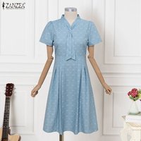 ZANZEA Work Vestidos Elegant Women Dresses Patchwork Collect Waist V-Neck Pleated Midi Sundress 2026 Casual Loose Robe Femme