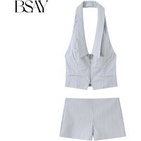 BSAY Striped Shorts 2pcs Set Summer New Spicy Girl Hanging Neck Zip Sexy Backless Top Chic Lady High Waisted Straight Pants