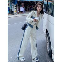 White Denim Patchwork Casual Sport Set Women Spring Autumn 2026 New Two Piece Popular Anti Aging College Style Fashion Set