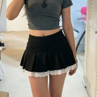 Cute Skirt with Eyelet Lace Trim High Waist Pleated Mini Skirt with Shorts Inside Women Skort SchoolGirl Preppy Style