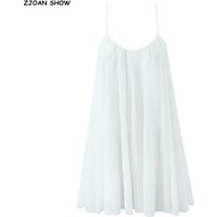 2025 BOHO Women White Big Backless Sling Dress O neck Back Zipper Loose Swing Mini Short Dresses Holiday Robe