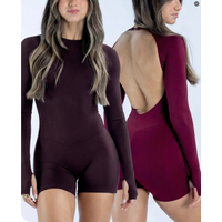 Women Activewear Bodysuit One Piece Backless Long Sleeve Short Leggings Seamless High Stretch for Yoga Run Gym Fitness Workout