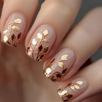 Short Medium fake nails golden leaf flowers butterfly for Spring summer full cover Square nail tips press on acrylic false nail