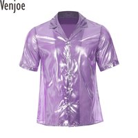 Mens See Through Shirt Top Turn-down Collar Short Sleeve Latin Dance Tops Button Blouse T Shirts Beachwear Clubwear
