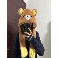AliExpress Hot Toys New Rilakkuma Winter Three-Piece Set Hat Scarf Gloves Integrated Hooded Warmth Cold Resistance Cycling Bear Sister Hat Toy