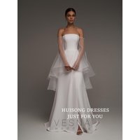 HUISONG Customized Satin Wedding Dresses Long Sleeves Strapless Side Split A-Line Beach Bridal Gown свадебное платье