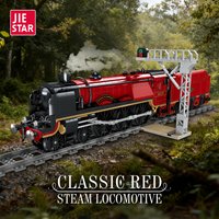 1381-teiliges MOC-Set für den Bau einer klassischen Dampflokomotive, in karmesinroter Farbe, mit LED-Leuchten und einem erweiterbaren Motor, als Geschenk für die Dekoration eines Schreibtisches.