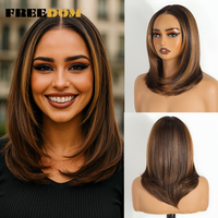 FREEDOM Synthetic Lace Front Wigs For Women Short Layered Straight 6x4 Wear And Go Glueless Wig Ombre Brown Pre Plucked Lace Wig