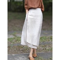 Retro Asymmetrical Linen High Waist A-Line Skirt Women Summer Casual Style Pocket Design Slimming Midi Skirt