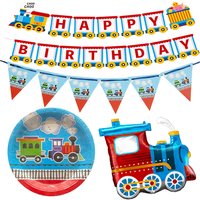 Happy Birthday Train Party Supplies Set with Banner, Tableware, and Balloons for Kids' Transportation Theme Celebration