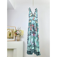 Crystal Beaded Women 100% Silk Long Vest Dress Flower Print V-Neck Sleeveless High Waist Holiday Ladies Robe