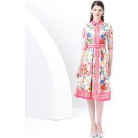 Vacation Style Printed Midi Dress Turn-down Collar Short Sleeve Women's Fashion Gown Elegance Ladylike Polyester Fiber