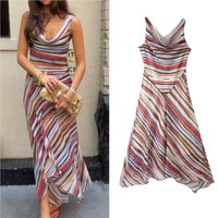 Women's Striped Splicing Dress Summer Swinging Collar Sleeveless Asymmetric Hem Fashion Female Casual Vacation Chic Dresses
