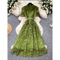 Retro Elegant Heavy Embroidery Lace Dress Women's Summer Korean Style Waist Cinching Slim A-Line Skirt Green Color
