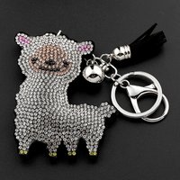 Kawaii Little White Alpaca Sheep Keyholder For Women Men Full Crystal Tassel Animal Bag Pendant Decor Jewelry Accessories