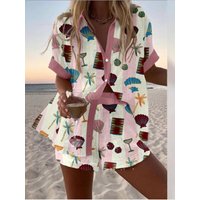 Fashion Print Beach Holiday Shorts Sets For Women Summer Short Sleeve Shirts Top Wide Legs Shorts New Beachwear Two Piece Sets