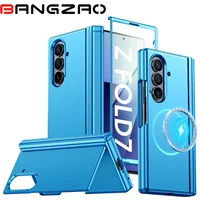 Magnetic Case for Samsung Galaxy Z Fold 7 with Hidden Kickstand,Built-in 9H Glass Screen Protector & Hinge Protection-Light Blue