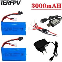 Batterie Lipo 7.4V 3000mAh, prise SM, pour WPL U12A S033g Q1 H101 H103, bateaux Rc, voitures, réservoirs, pièces 2s 7.4v 18650