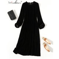 Winsleter, Bottom 100% Silk Elegant Velvet Dresses, Women Long Sleeve O Neck, Vinatge French Dress, 2024 Summer Autumn D478124QC