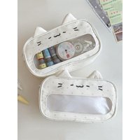 Cute Polka Dot Cat Ear Clear Window Pencil Case Large Capacity Student School Stationery Bag Portable Cosmetic Storage Pouch