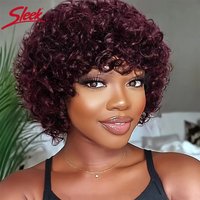 Sleek Jerry Curly Human Hair Wigs for Black Women 10 inch Short Pixie Afro Kinky Curly Wig With Bangs Brown Colored Hair Wigs