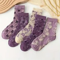 5 Pairs of Retro Purple Flower Socks With Jacquard Embossed Cotton Mid Calf Socks Suitable for Women's Casual Daily Wear