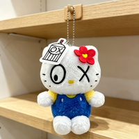 Genuine Sanrio Artist Series Cross-Eye Hello Kitty Plush Pendant, Red Bow Blue Overalls & Pink Flower Red Outfit Soft Plush Keyc