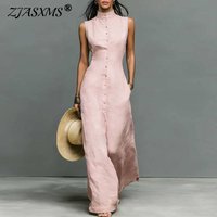 Bohemian Stand Collar Button Maxi Shirt Dress Woman Elegant High Waist Solid Party Dress Spring Summer Sleeveless Vacation Dress